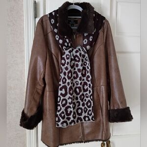 Brown Faux Leather Coat with Fur Trim.Pit To Pit 23" Length 31". New no Tag